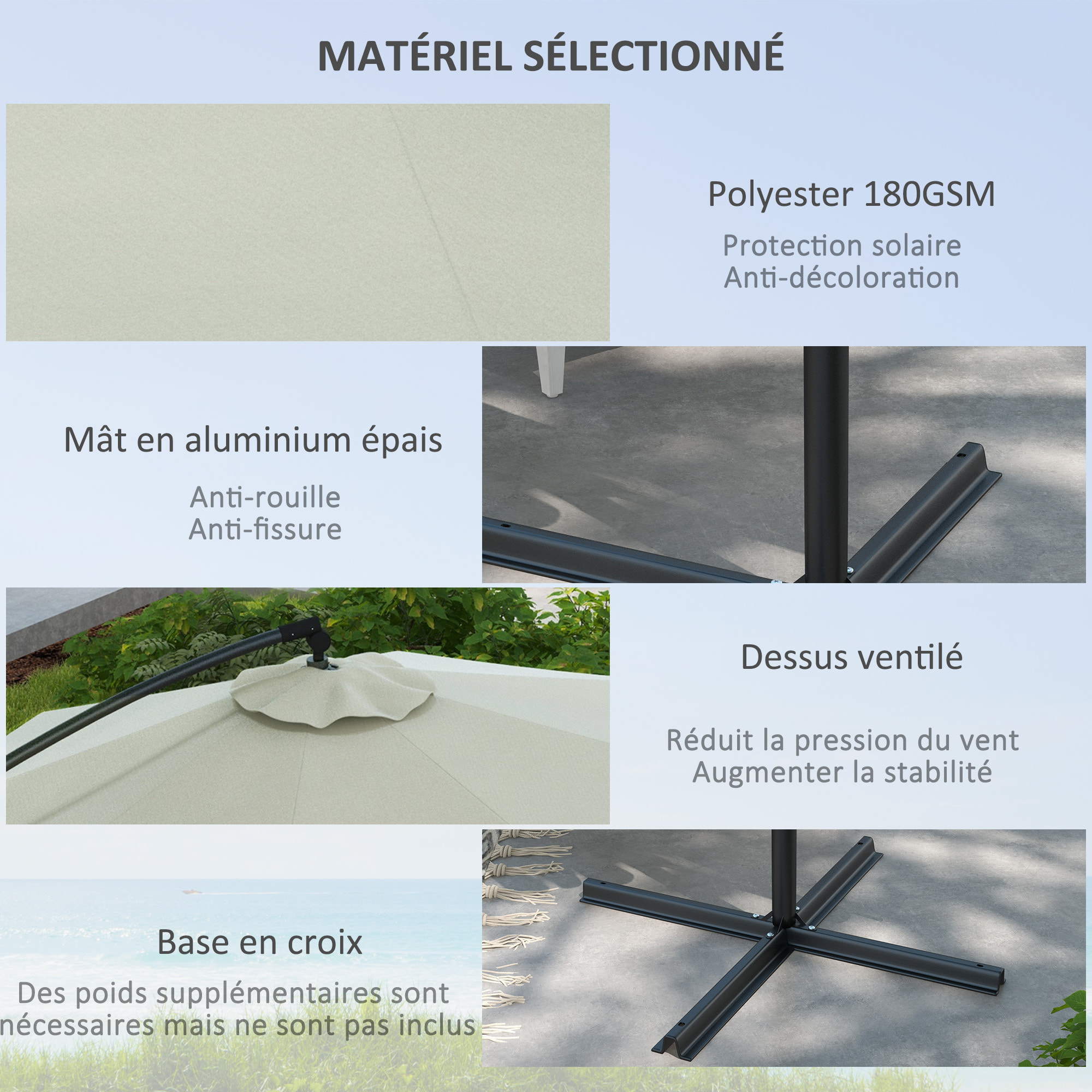 Parasol déporté octogonal inclinable Ø 2,93 x 2,60 m avec pied métal époxy alu crème