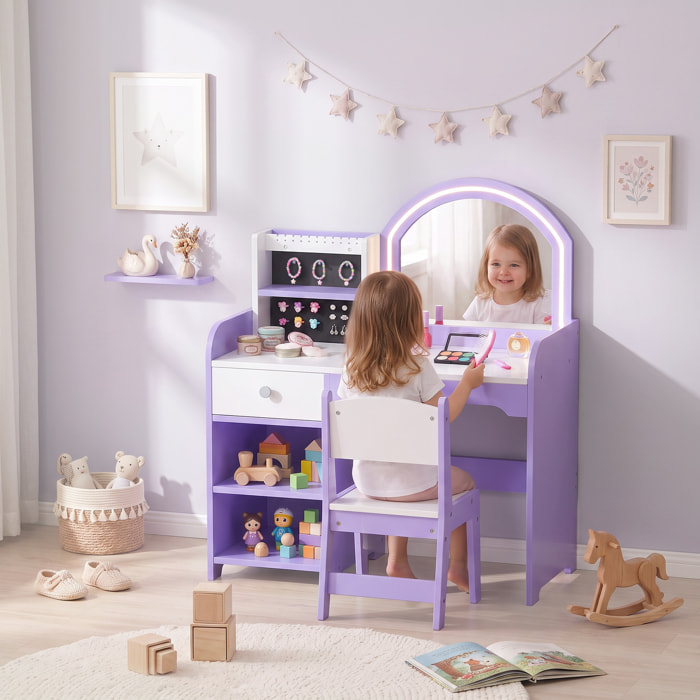 AIYAPLAY Tocador de Maquillaje Niña con Espejo de LED de 2 Colores, Taburete, 2 Soportes para Joyas, Cajón, 2 Compartimentos, Tocador Infantil para Niños de 3-8 Años, para Habitación Infantil, Morado