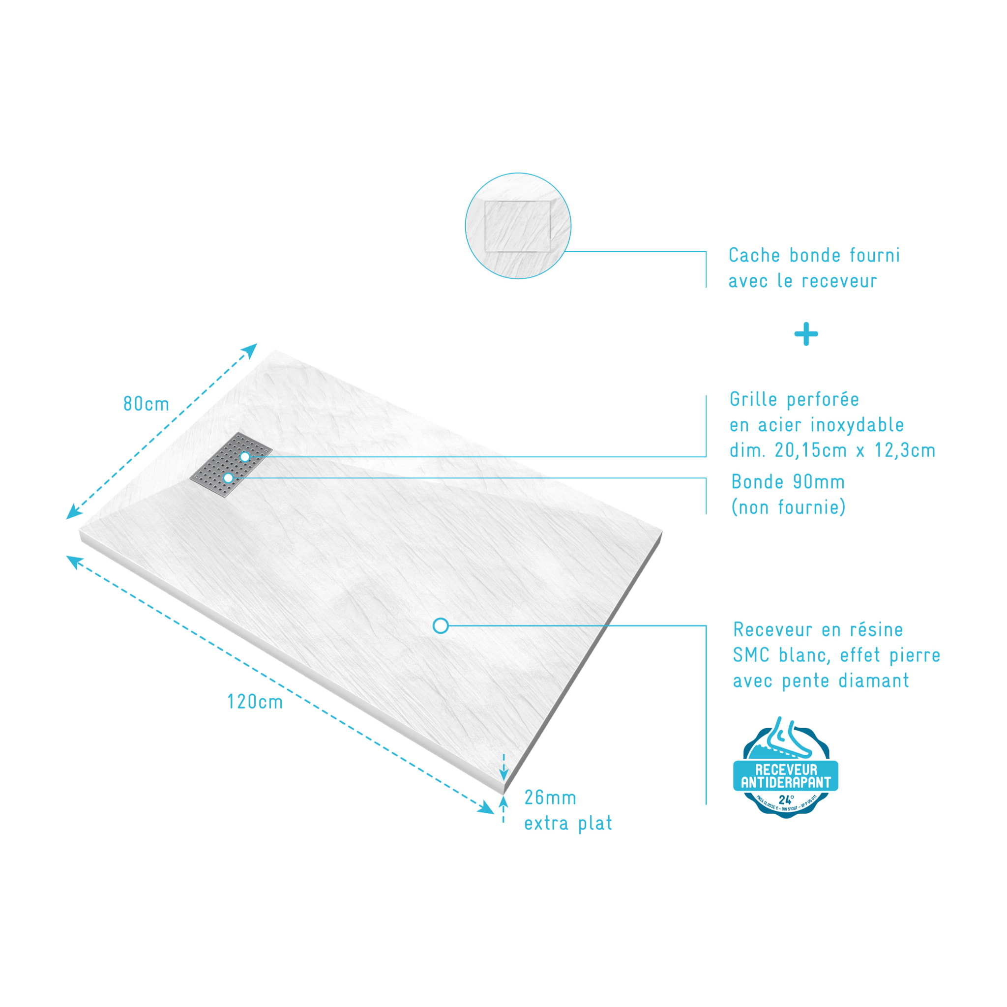 Receveur de douche Blanc Effet Pierre 80x120 cm et Grille décor Perforée en Inox