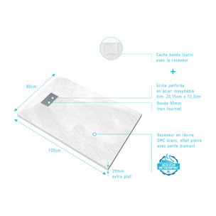 Receveur de douche Blanc Effet Pierre 80x120 cm et Grille décor Perforée en Inox
