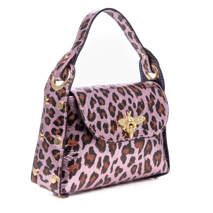 Aquileia bolso de mano mujer. Piel auténtica Gamuza con estampado animal print leopardo lacada brillante.