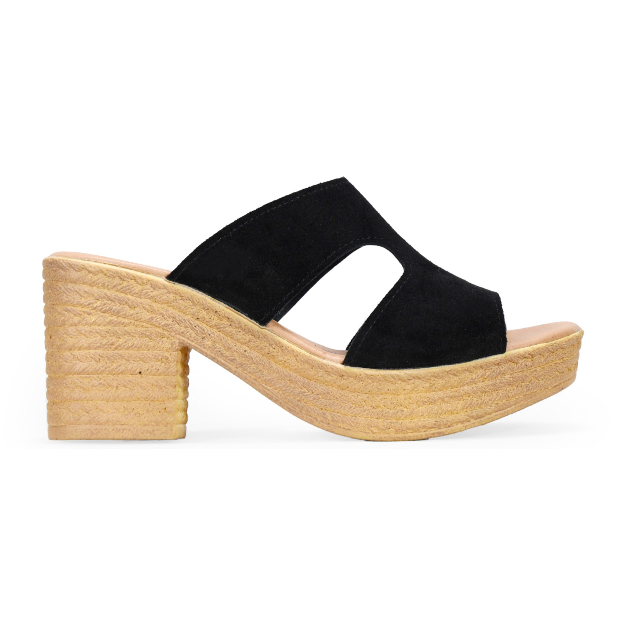 Sandalias de piel negras con tacón efecto esparto