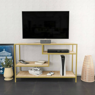 Mobile porta TV Dplizzar, Credenza da soggiorno, Armadio basso per TV, Base parete attrezzata, 120x39h75 cm, Oro e Quercia