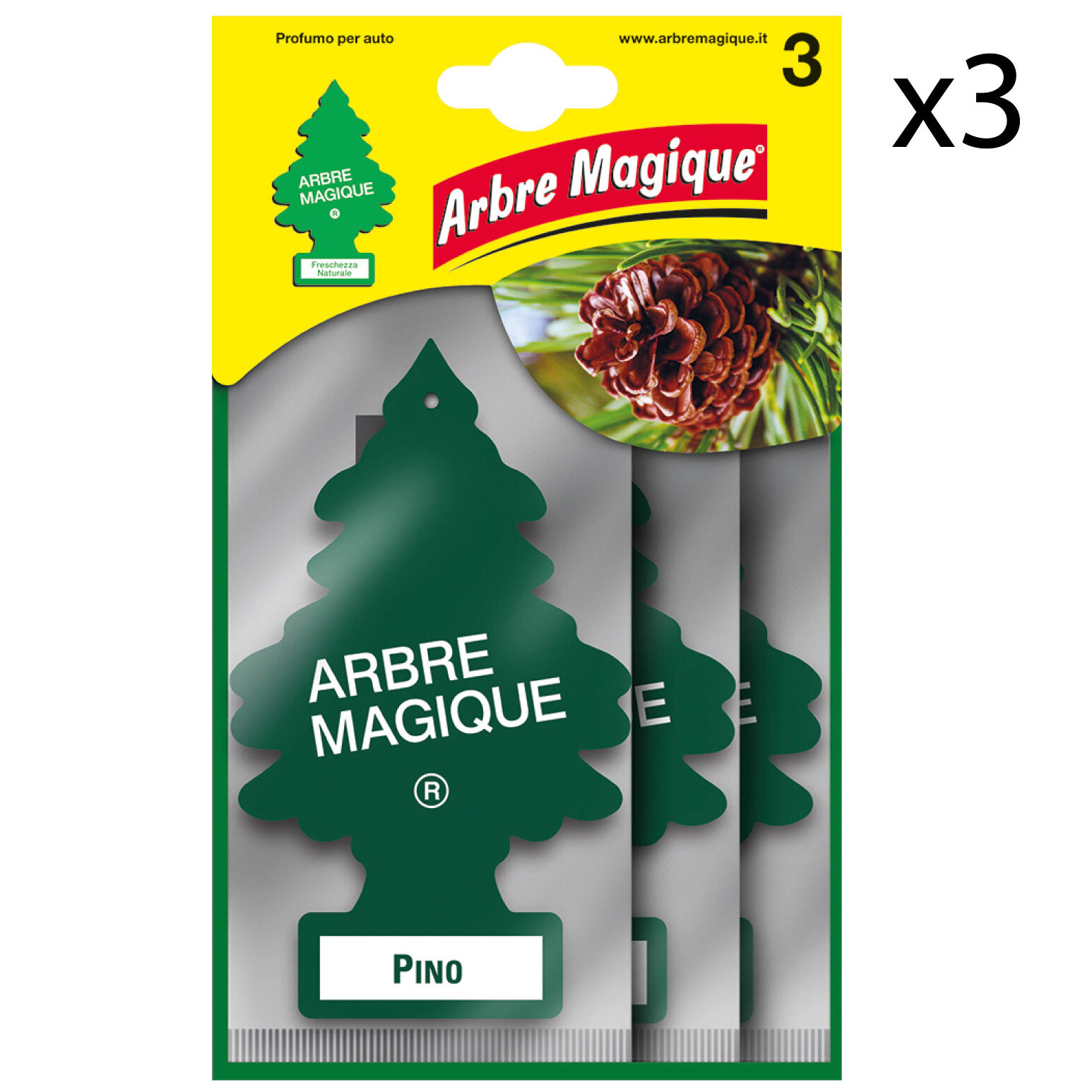 3x Arbre Magique Classic Profumatore Solido per Auto Fragranza Pino