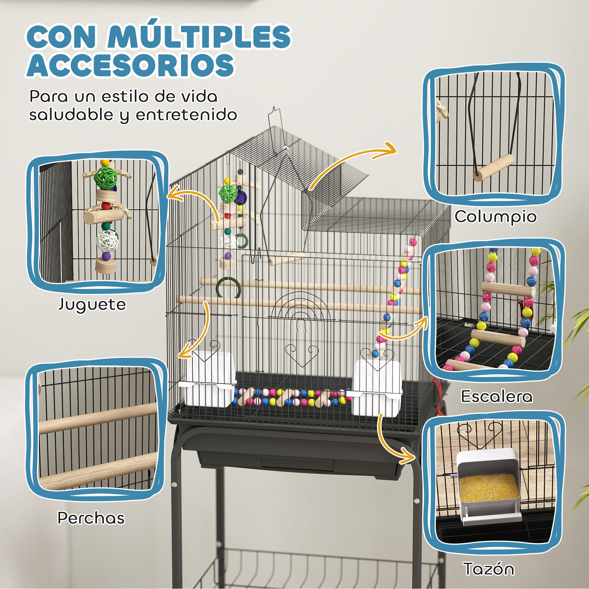Jaula para Pájaros con Ruedas Pajarera con Cesta Múltiples Puertas 2 Comederos 2 Perchas Columpio Escaleras y Bandeja Extraíble para Loros Canarios Periquitos 46x36x120 cm Negro