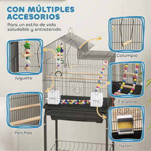 Jaula para Pájaros con Ruedas Pajarera con Cesta Múltiples Puertas 2 Comederos 2 Perchas Columpio Escaleras y Bandeja Extraíble para Loros Canarios Periquitos 46x36x120 cm Negro