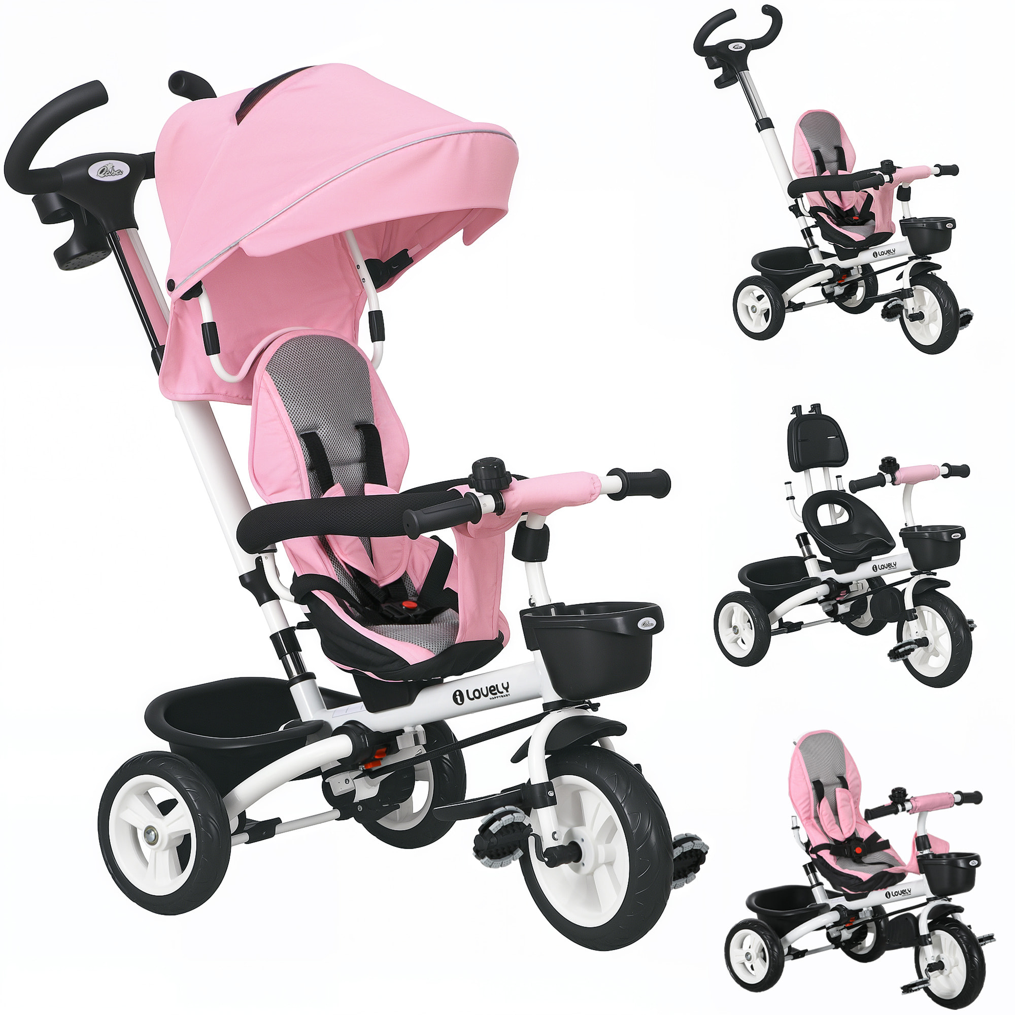 Tricycle enfant évolutif pliable pare-soleil canne télescopique amovible siège réversible rose