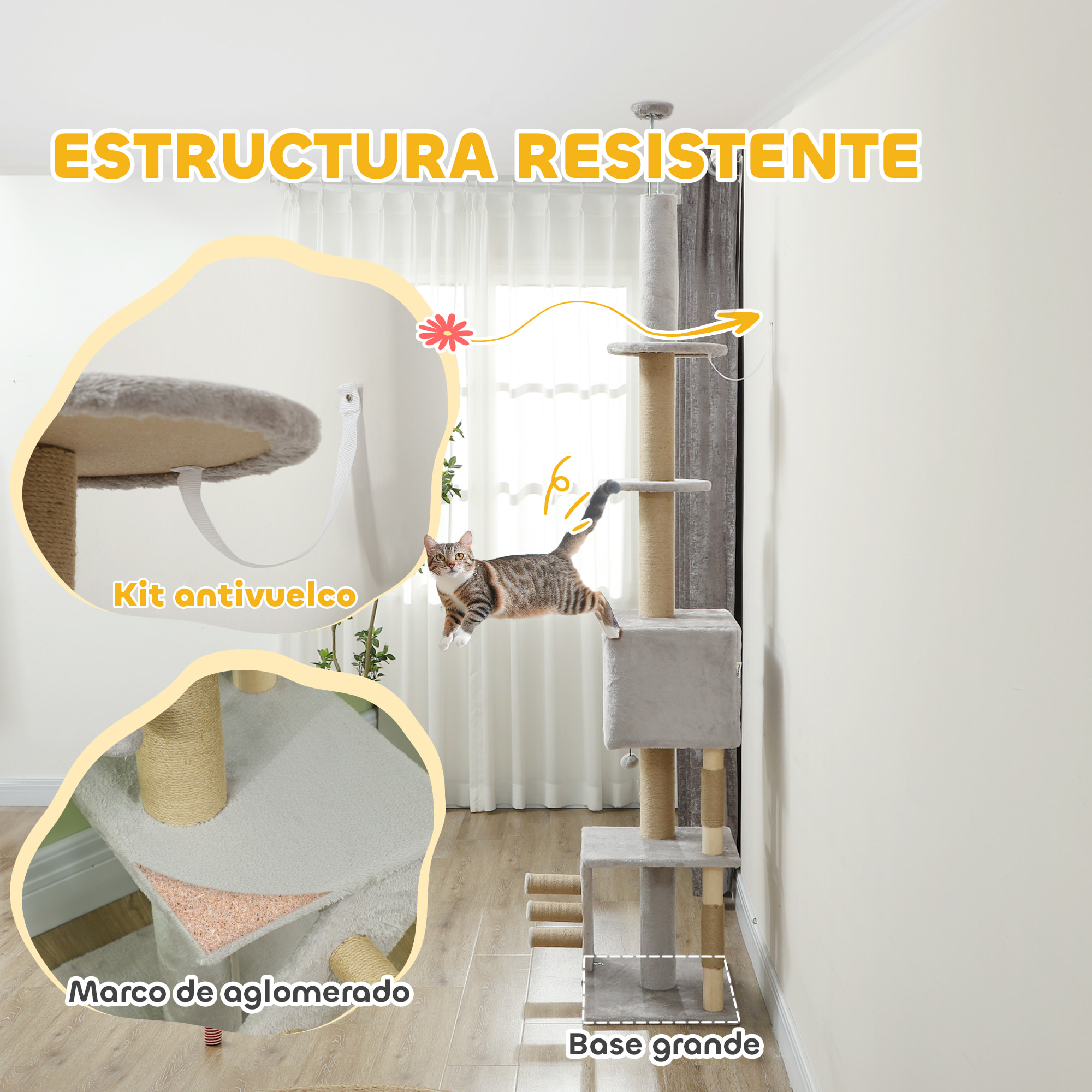 Árbol para Gatos de Suelo a Techo de 225-265 cm Árbol Rascador para Gatos con Altura Ajustable Múltiples Plataformas Escalera Bola Colgante Gris Claro