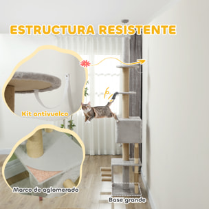 Árbol para Gatos de Suelo a Techo de 225-265 cm Árbol Rascador para Gatos con Altura Ajustable Múltiples Plataformas Escalera Bola Colgante Gris Claro