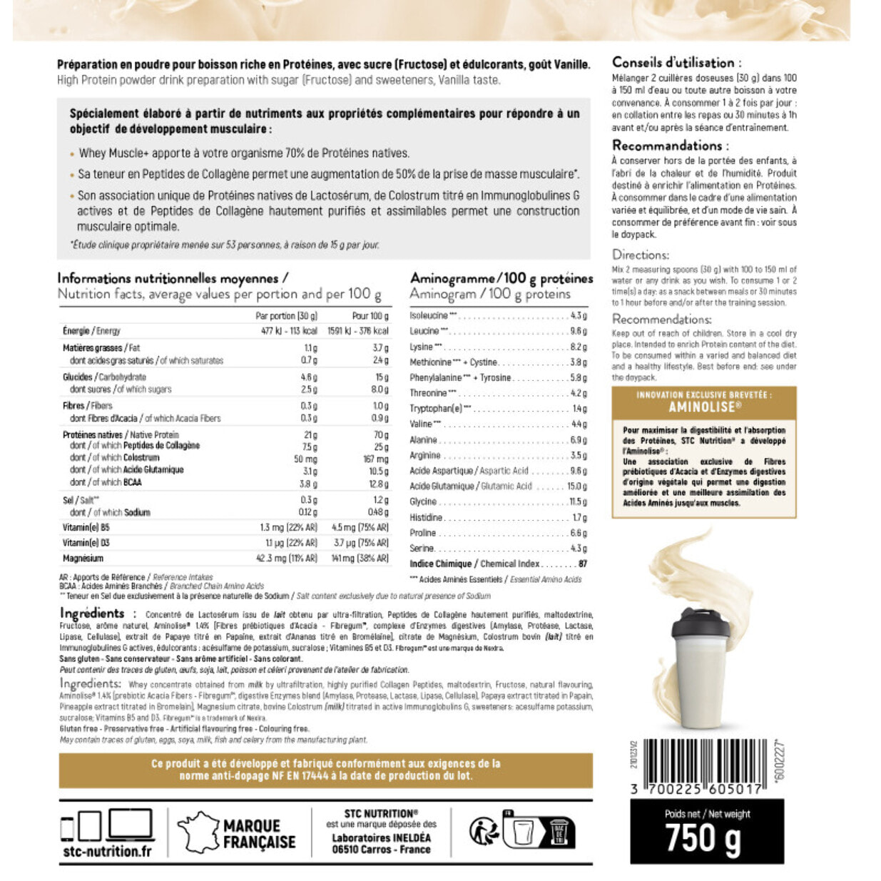 STC NUTRITION - Whey Muscle+ - Protéines Natives - Développement Muscle Sec - Innovation Brevetée Aminolise 100% Digeste - Sans Colorants, Sans Gluten - Vanille -  Lot de 2 Doypack 750g