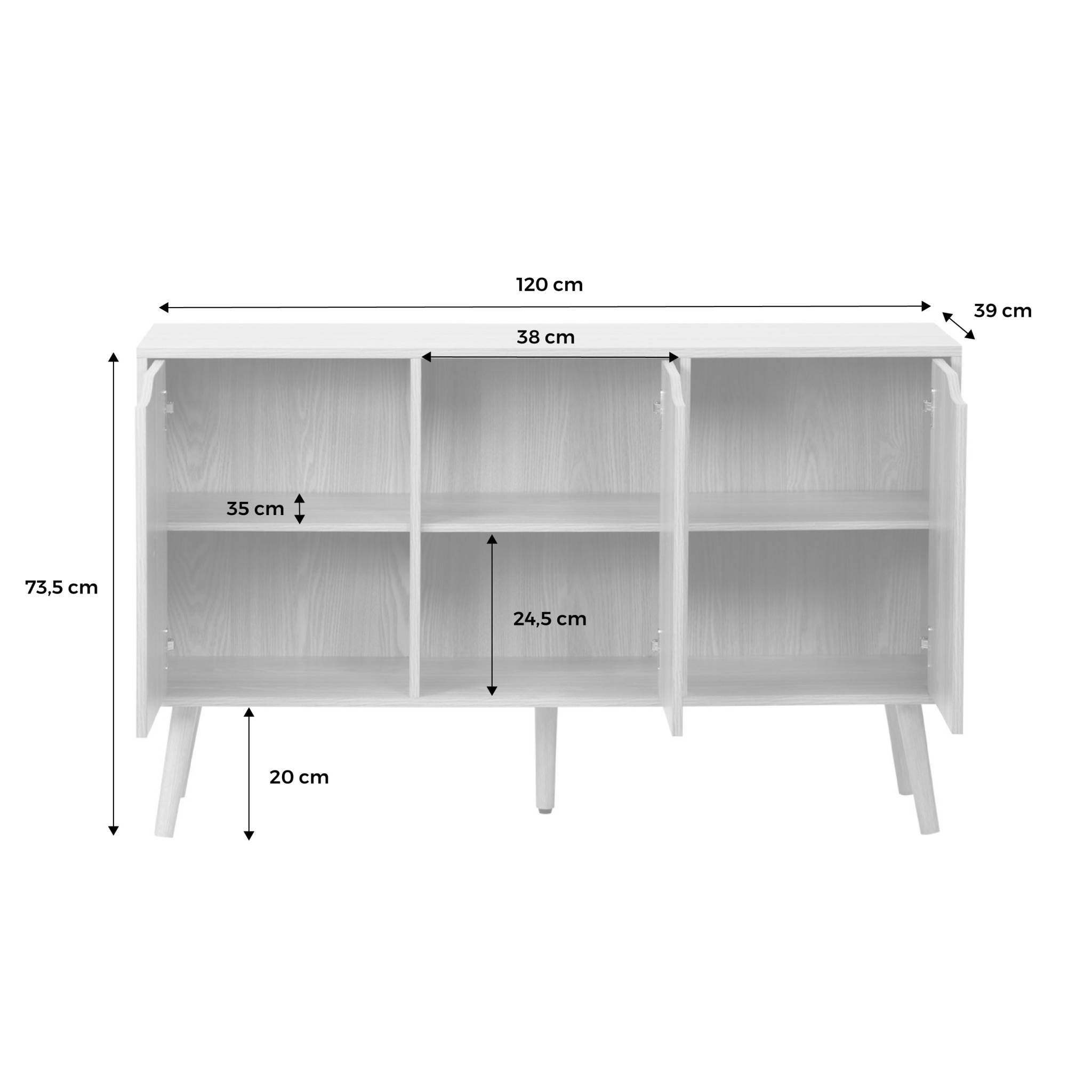 Buffet de rangement effet frêne 3 portes et 3 étagères. buffet bas. 120cm
