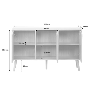 Buffet de rangement effet frêne 3 portes et 3 étagères. buffet bas. 120cm