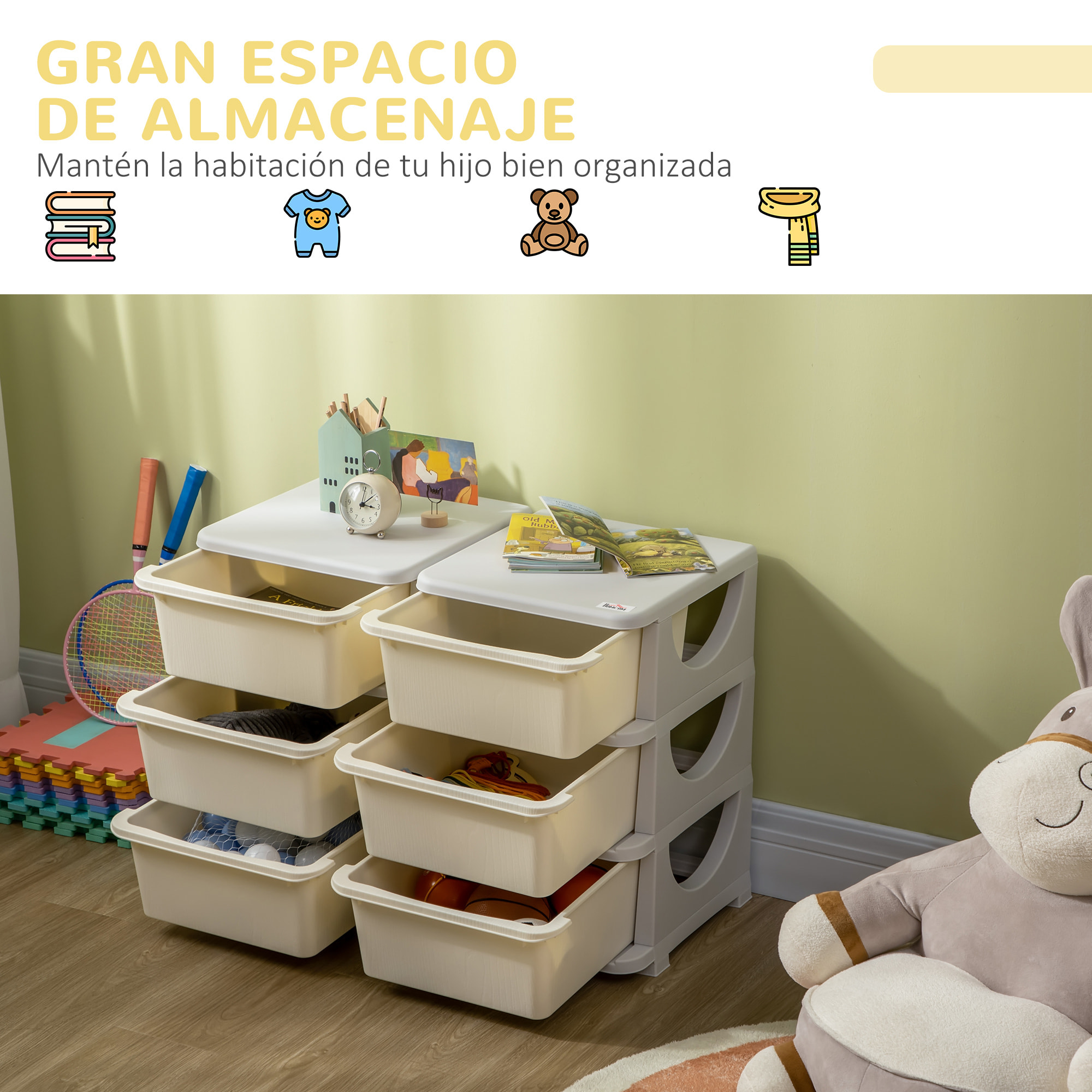 Torre de Almacenamiento Infantil con 6 Cajones, Organizador de Juguetes para Niños de +3 Años, con Bordes Redondeados y Asas, para Guardería, Sala de Juegos, Dormitorio, 75x37x56,5 cm, Crema