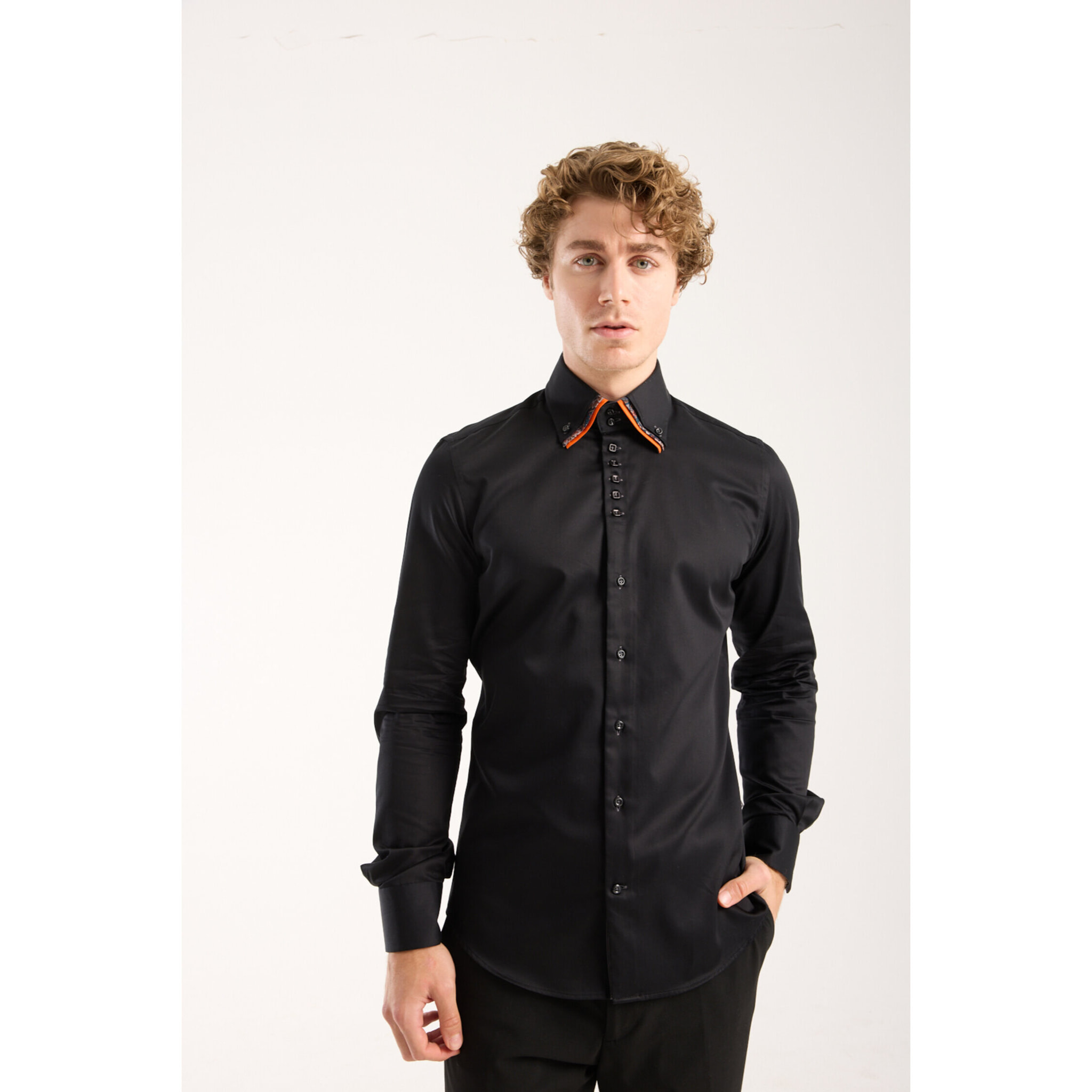 Camicia Uomo 2 Bottoni Button Down Triplo Collo Slim Satin Unito Nero