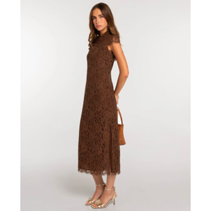 Vestido midi de encaje con cuello mao