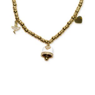Collana in acciaio gold a sfere con charms bianco e strass