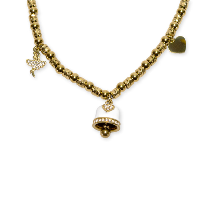 Collana in acciaio gold a sfere con charms bianco e strass