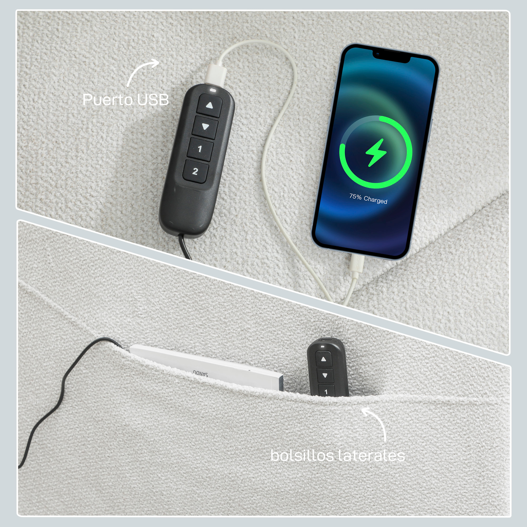 Sillón Relax Reclinable Eléctrico con Motor Silencioso, Sillón Reclinable de Terciopelo con Mando con 2 Posiciones de Memoria, Reposapiés, Reposacabezas, Puerto USB, Bolsillos, Blanco Crema
