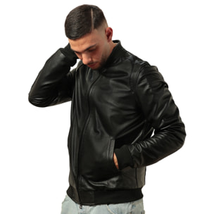 Giubbino in vera pelle di vitello foderato con trapunta invernale Nero-Slim Fit