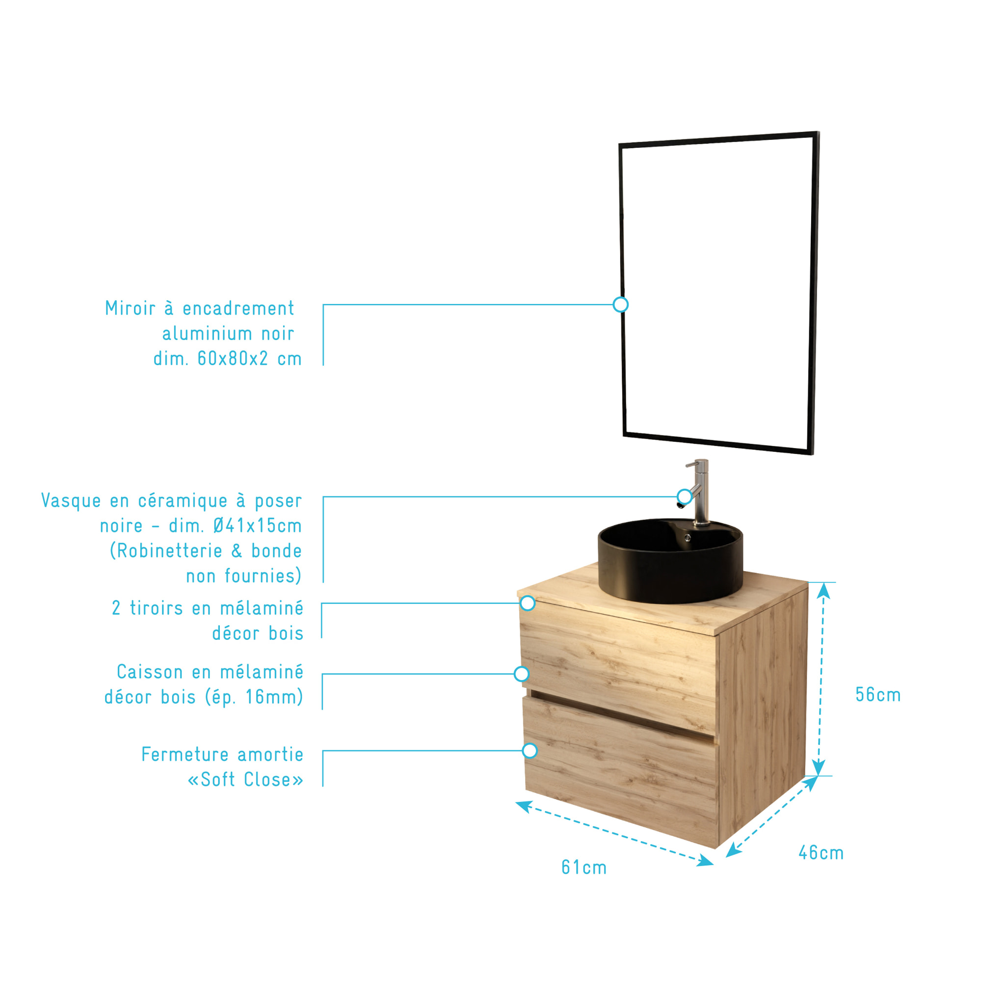 Meuble Salle de Bains 60cm 2 Tiroirs Chêne Naturel + Vasque Noire Ø41cm et Miroir 60x80cm