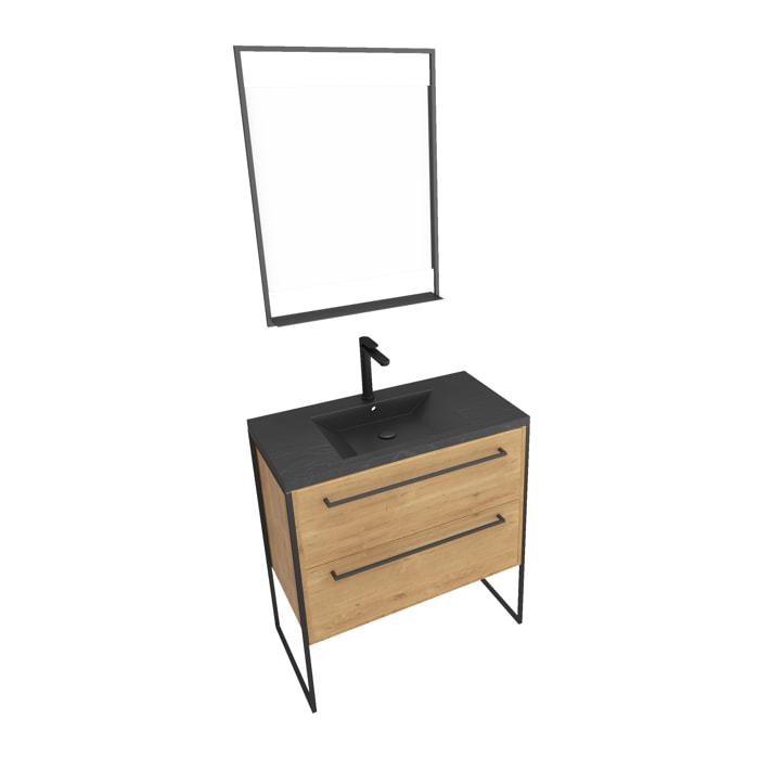 Meuble de salle de bain 80x50cm - 2 tiroirs chêne brun- vasque résine noire effet pierre - miroir