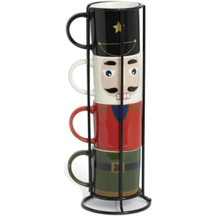 Intrecci – Set 4 tazzine da caffè natalizie in porcellana con supporto impilabile