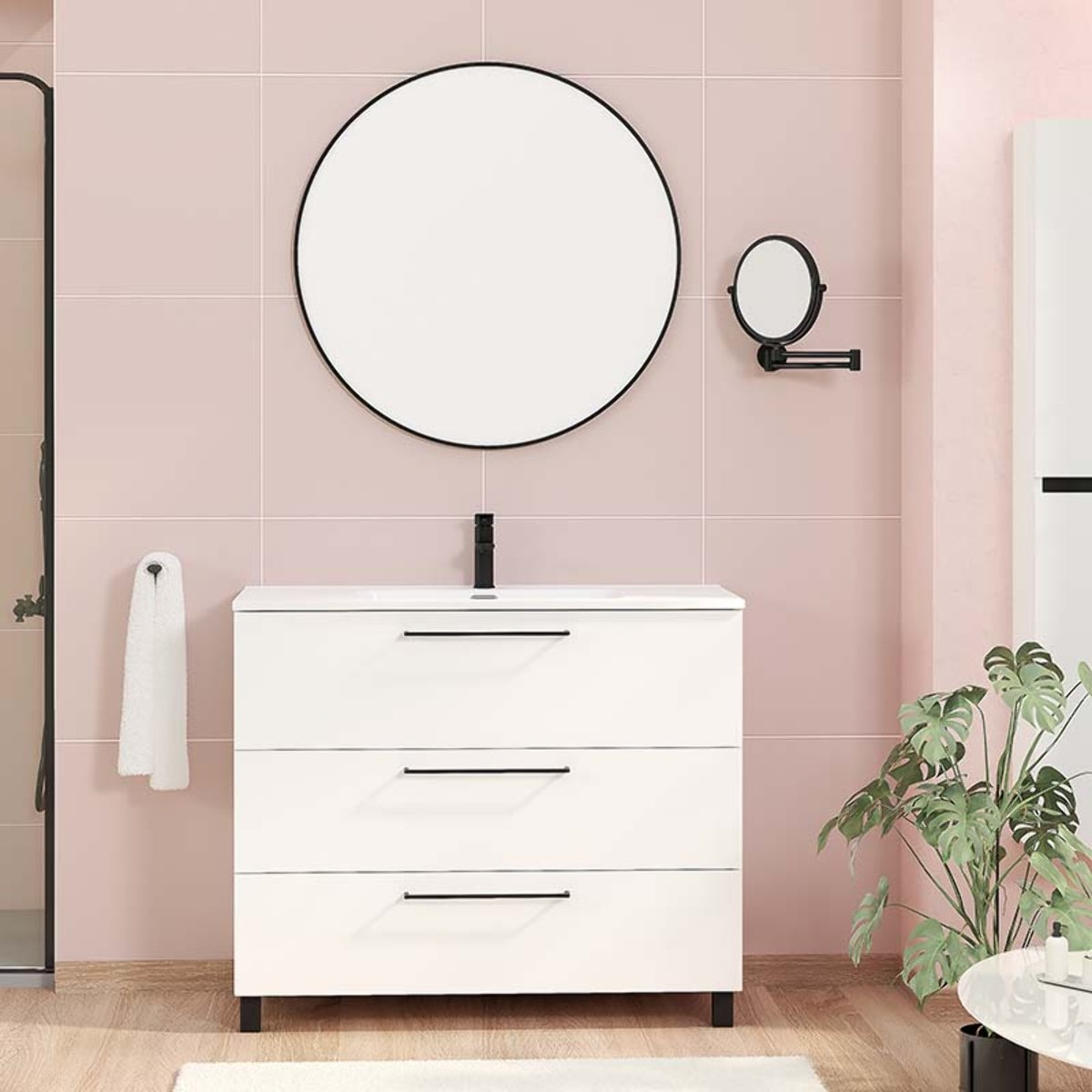 Conjunto de baño Haru | Mueble de baño con patas | 100 cm Blanco| Tres cajones | Lavabo encastrado | No incluye espejo | Alday