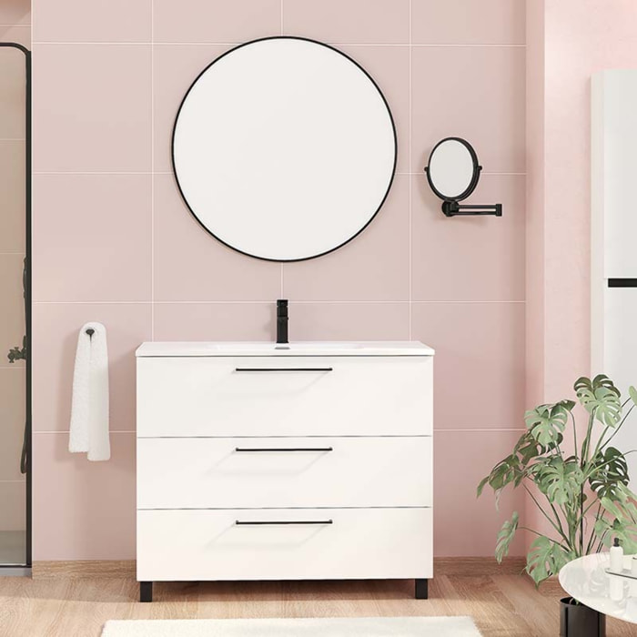 Conjunto de baño Haru | Mueble de baño con patas | 100 cm Blanco| Tres cajones | Lavabo encastrado | No incluye espejo | Alday