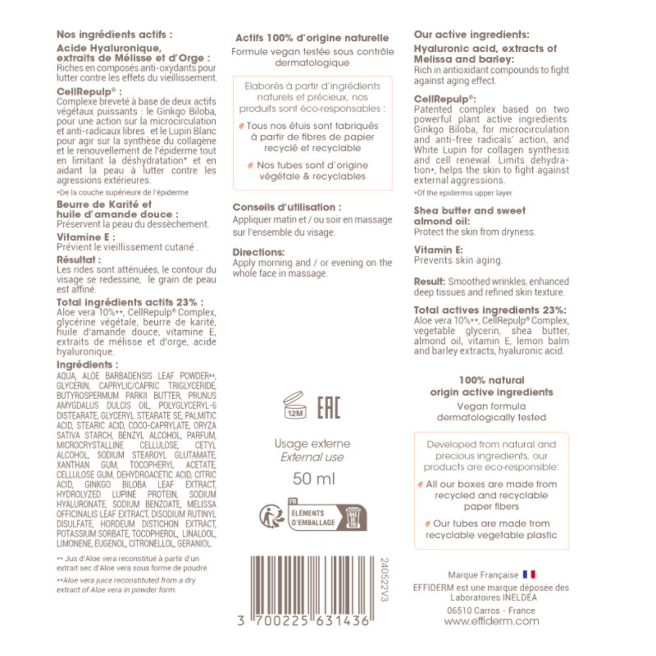 EFFIDERM - Crème Riche Anti-Âge - Formule à base de CellRepulp Complex - Beurre de Karité et Huile d'Amande douce - Peaux Matures - Tube 50 ml en plastique recyclé