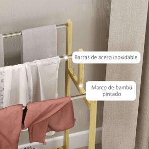 Toallero de Pie de Bambú, Toallero Escalera de Baño con 3 Barras de Acero Inoxidable, Estante Abierto, 4 Ganchos, Estilo Moderno, 50,5x31x90 cm, Natural