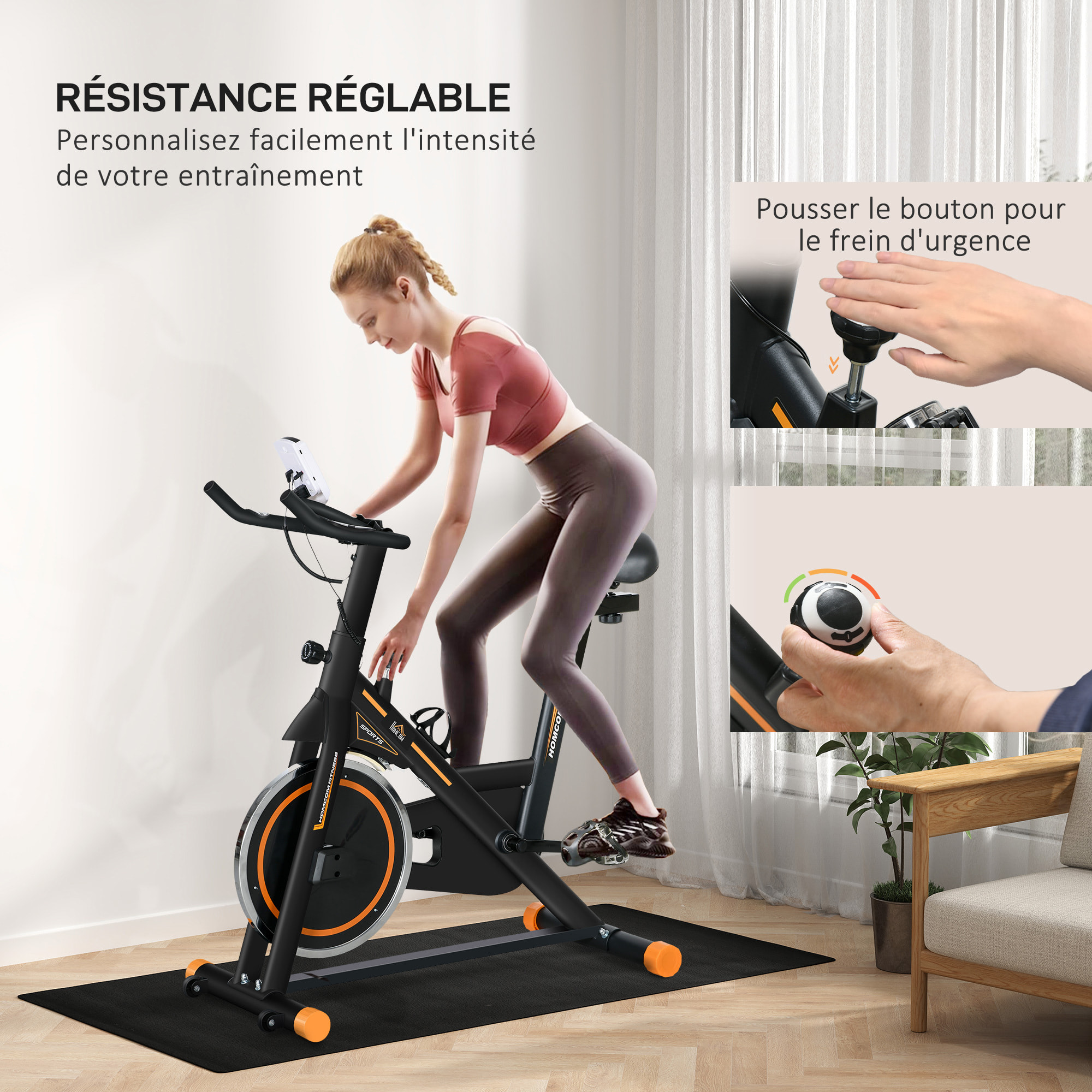 Vélo d'appartement réglable - vélo biking cardio - volant d'inertie 8 Kg, écran LCD, support Ipad, gourde - acier orange noir