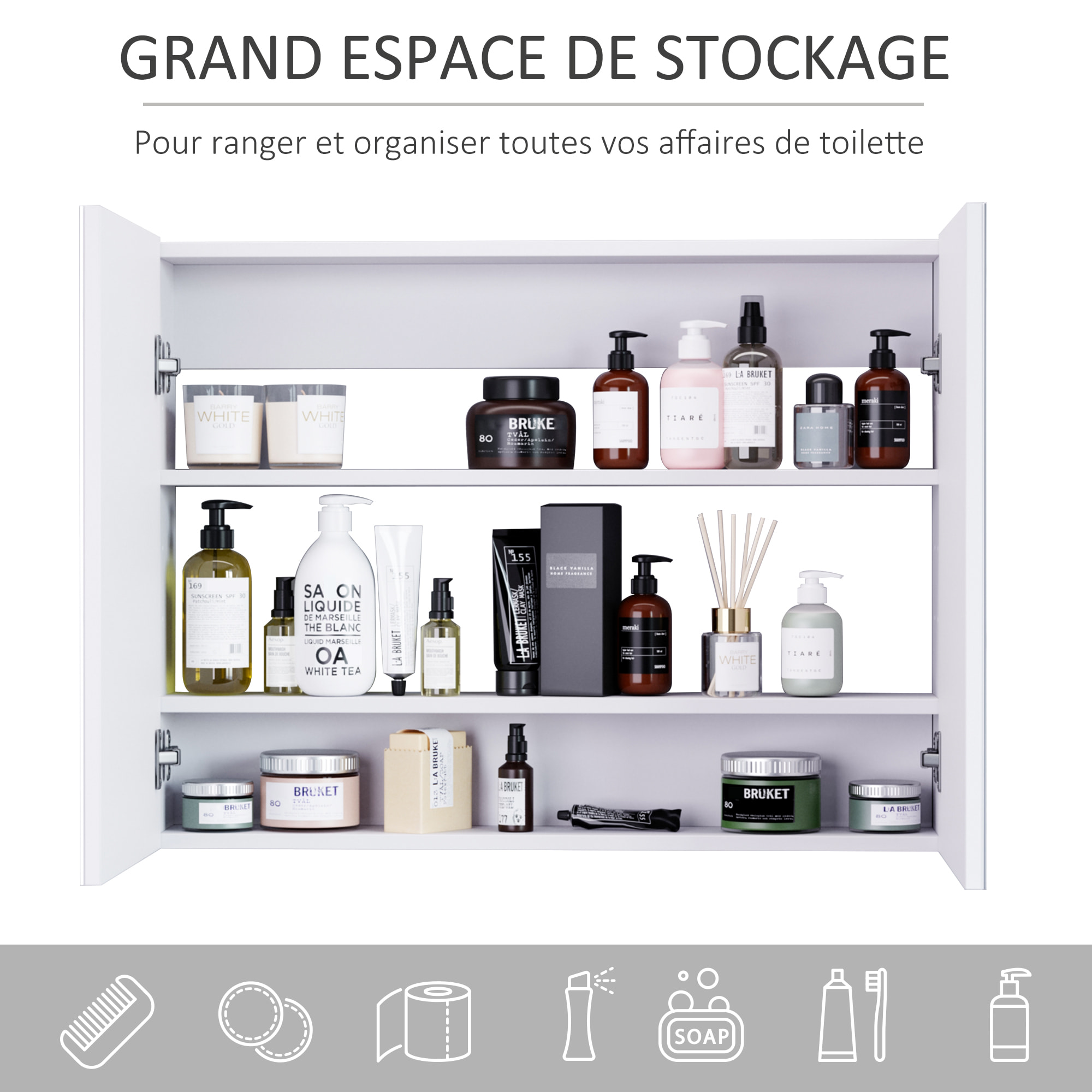 Armoire miroir de salle de bain 2 portes étagères dim. 80 x 15 x 60 cm blanc