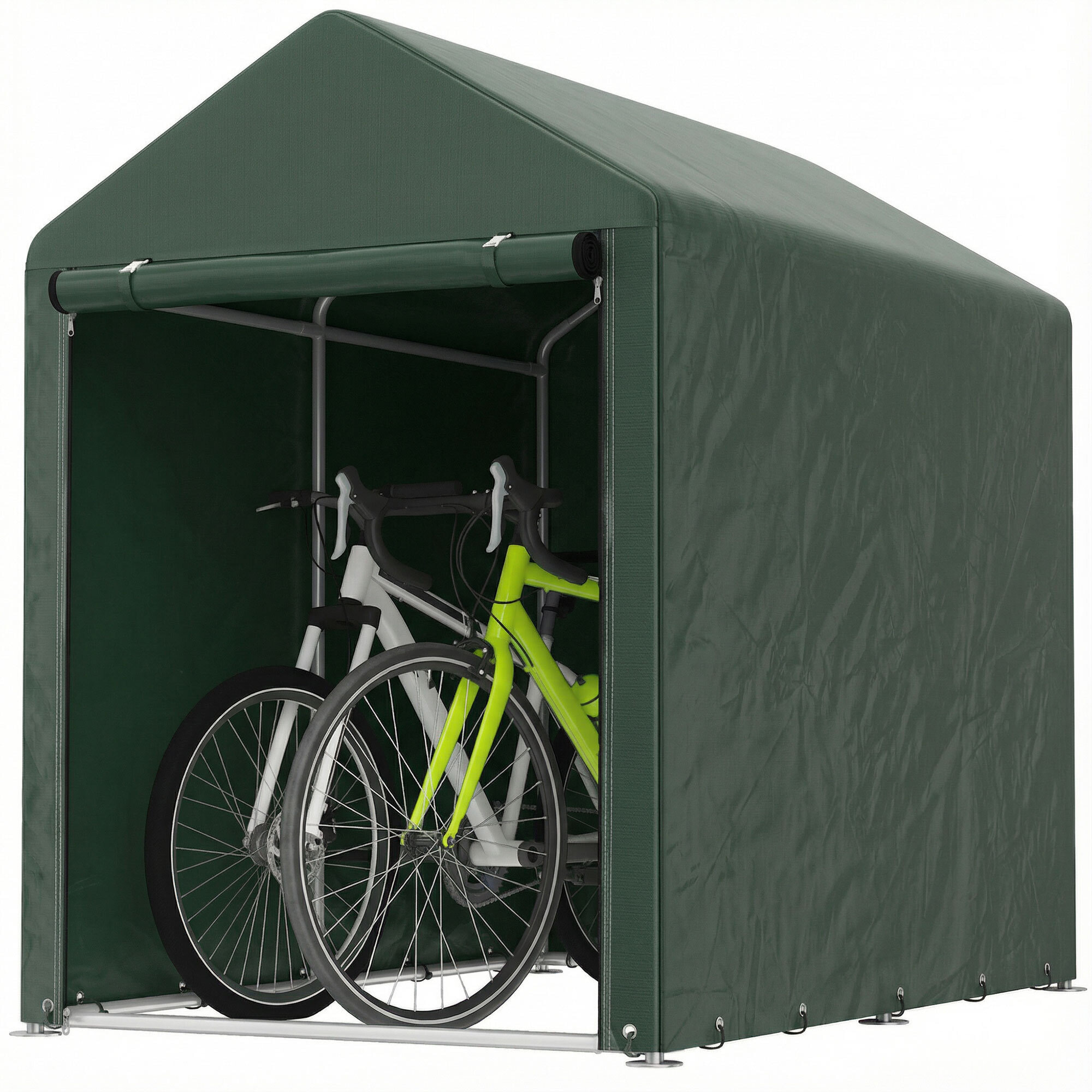 Carpa de Jardín Exterior para Herramientas Bicicletas 1,2x1,8x1,65 m, Cobertizo Exterior con 2 Habitaciones, Puerta Enrollable con Cremallera, Impermeable Anti-UV, Garaje Portátil, Verde