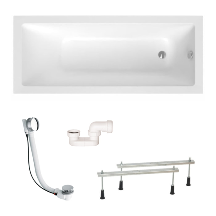 Aurum 160x80 cm baignoire rectangulaire en acrylique, gauche et droite, avec pieds + vidage + siphon, blanc (SATVAUR16080-SET)