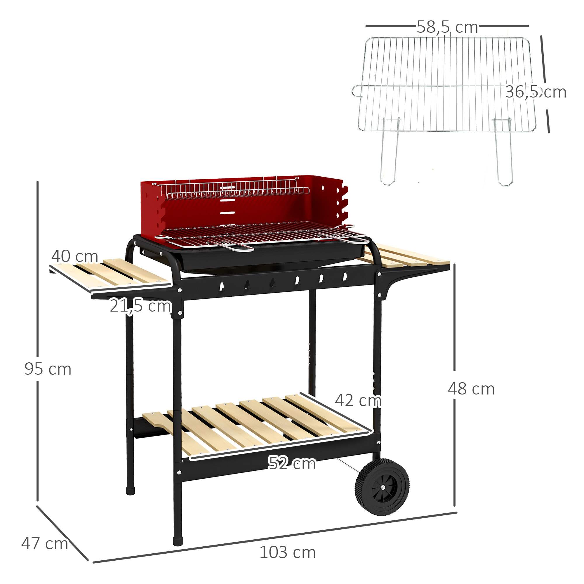 Barbacoa de Carbón con Ruedas Barbacoa Portátil con Parrilla Ajustable en Altura Estantes y 6 Ganchos para Picnic Camping 103x47x95 cm Rojo y Negro