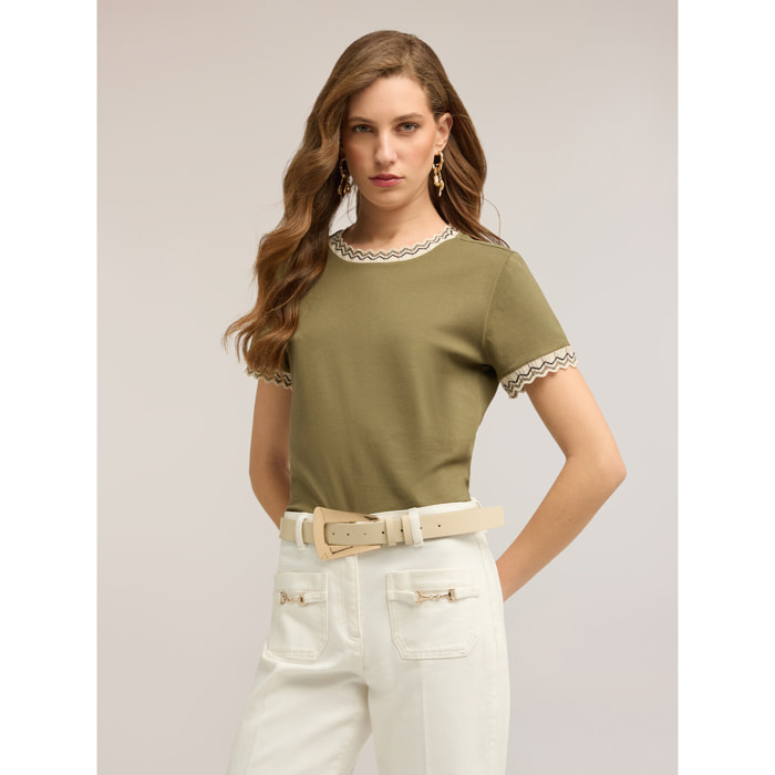 Motivi - Camiseta con bordes de punto - Verde militare