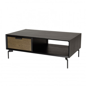 ALMA - Table basse noire 1 niche 2 tiroirs marron foncé pieds métal