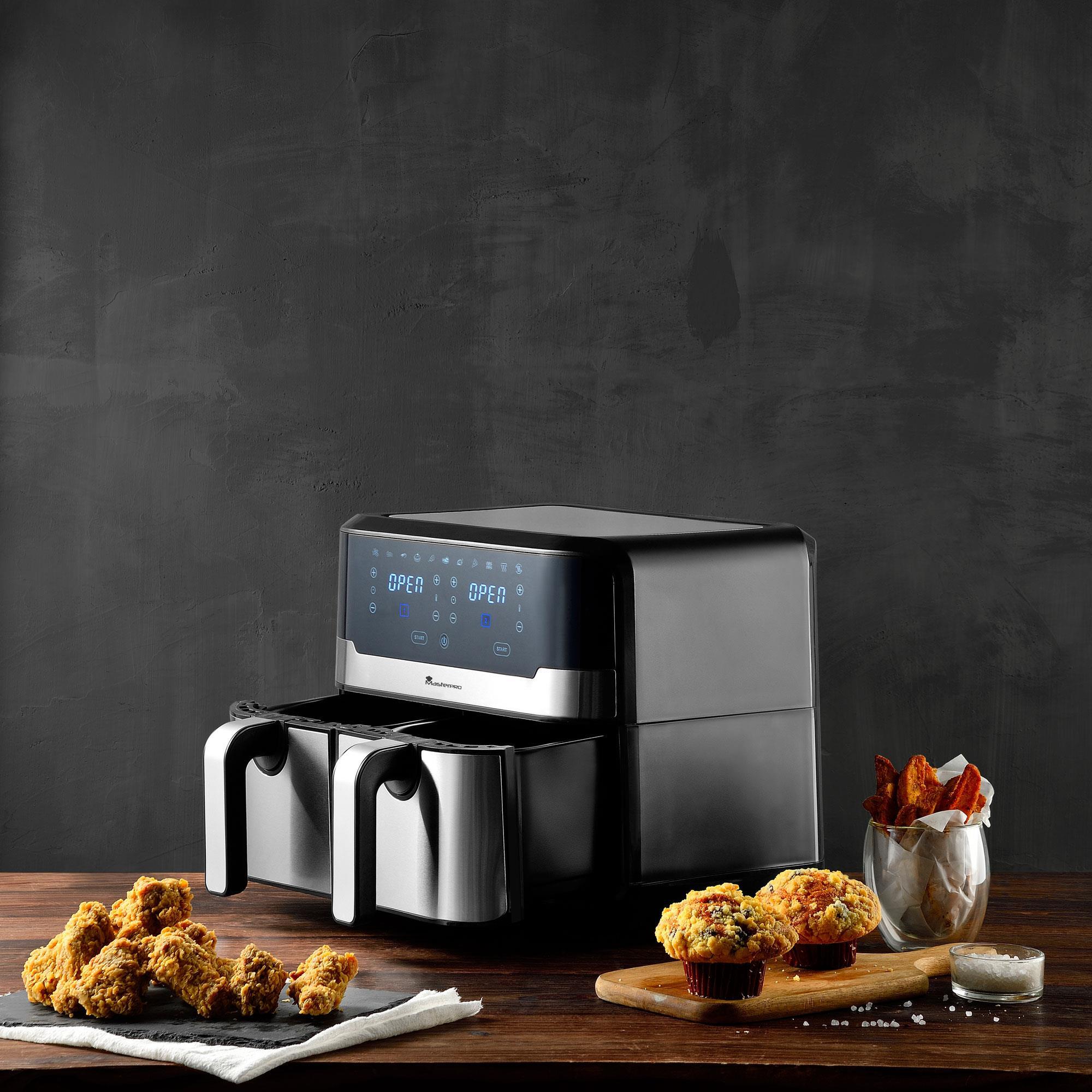 MasterPro Rocket Duo 900 Freidora de aire Color Negro de 9 L y 2400W, Pantalla LED Táctil y Cesta Antiadherente 11 Funciones