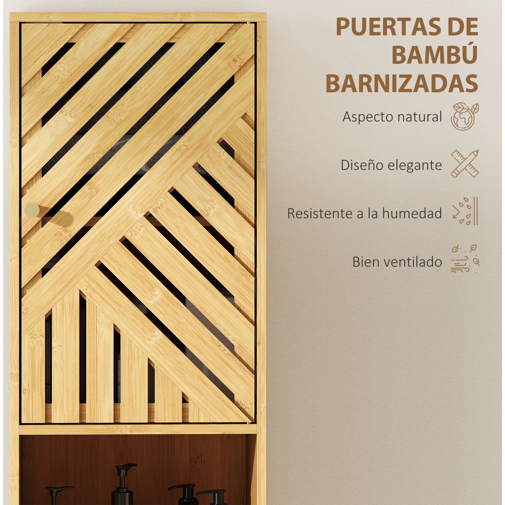 Armario de Baño Alto Columna de Baño Estrecha 32x30x170 cm con Puertas y Patas de Bambú Estantes Ajustables Compartimento Abierto Natural
