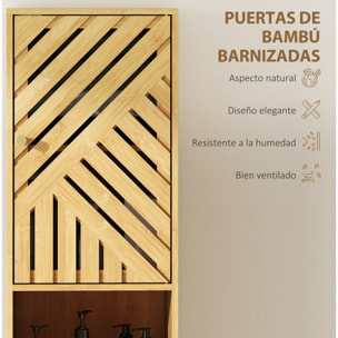 Armario de Baño Alto Columna de Baño Estrecha 32x30x170 cm con Puertas y Patas de Bambú Estantes Ajustables Compartimento Abierto Natural