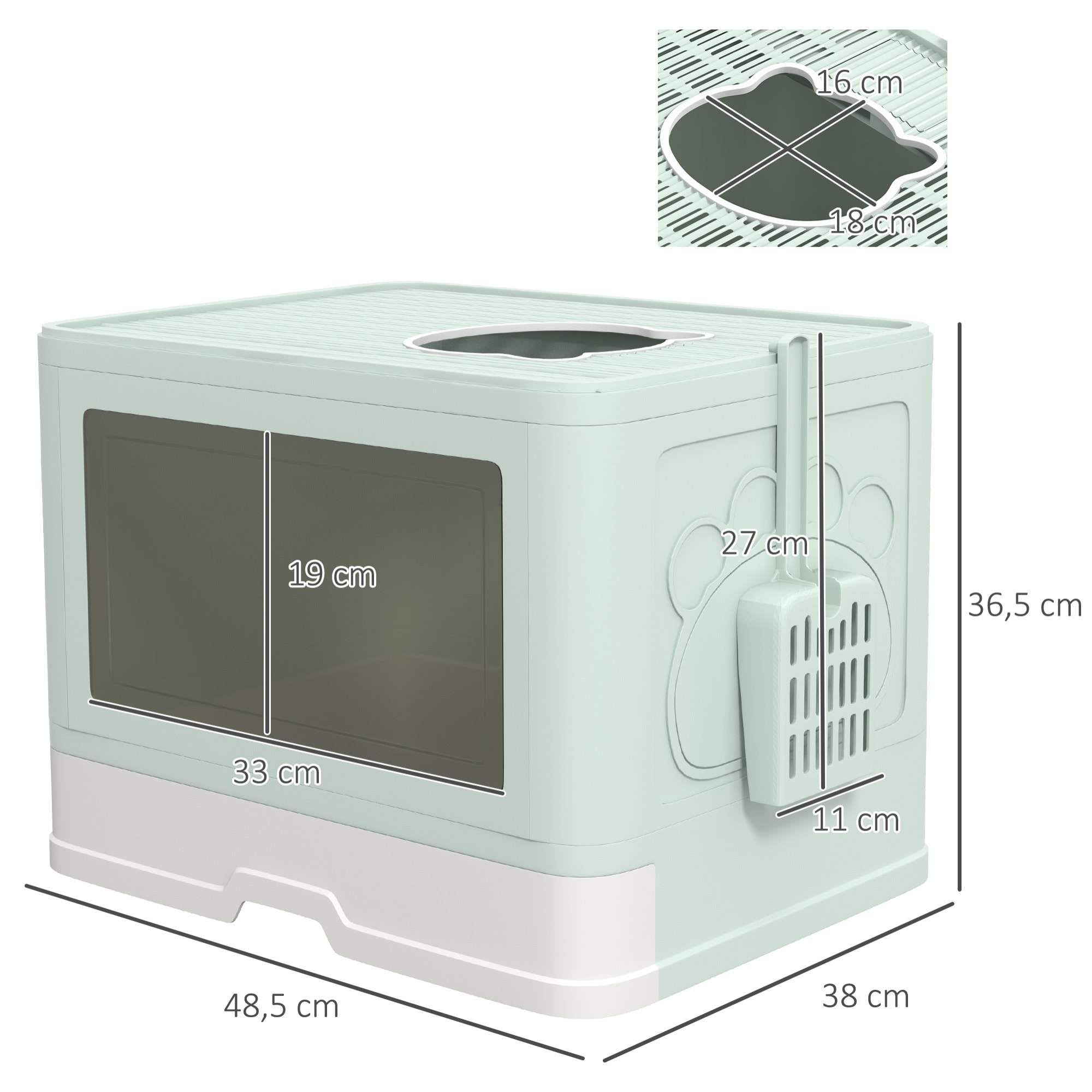 Arenero para Gatos Cubierto Caja de Arena Desmontable con Bandeja Extraíble Pala Caja de Almacenaje Cepillo 2 Puertas Entrada Principal y Salida Superior 48,5x38x36,5 cm Verde Claro y Blanco