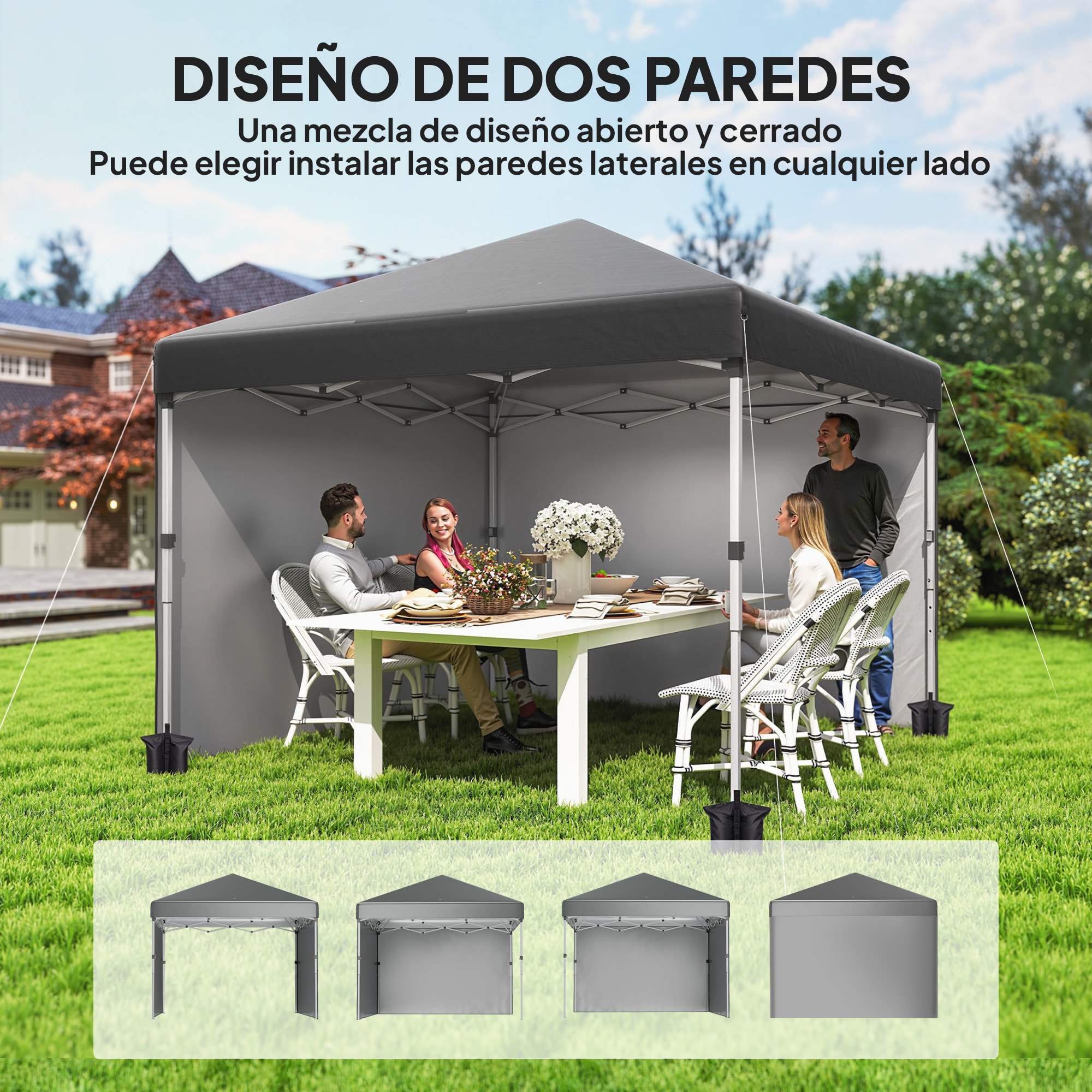 Carpa Plegable Pop-up Gazebo 3x3 m Cenador Plegable con 2 Paredes Laterales Anti-UV Altura Ajustable en 3 Niveles Sacos de Arena y Bolsa de Transporte con Ruedas para Camping Gris Oscuro