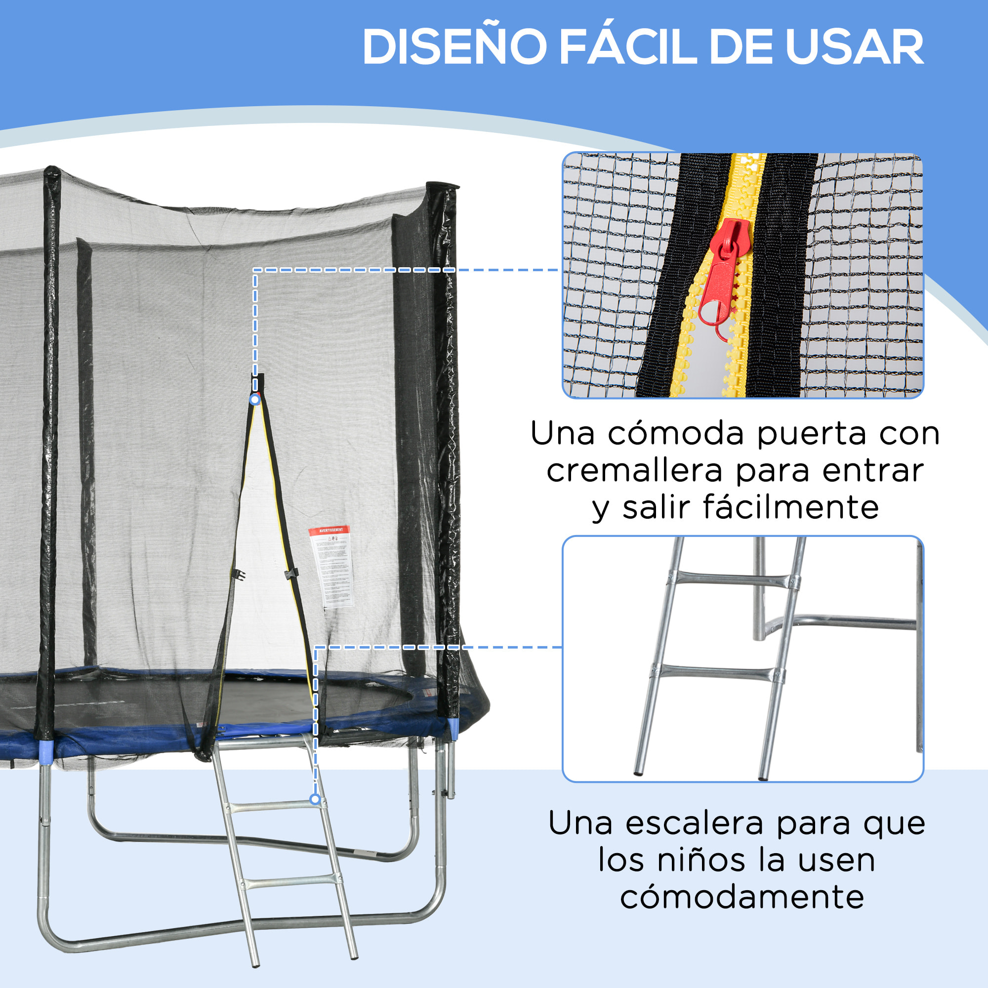 Cama Elástica de Exterior Ø305x250 cm Trampolín para Niños Adultos con Red de Seguridad Escalera Cubierta de Bordes y Marco de Acero para Jardín Patio Azul