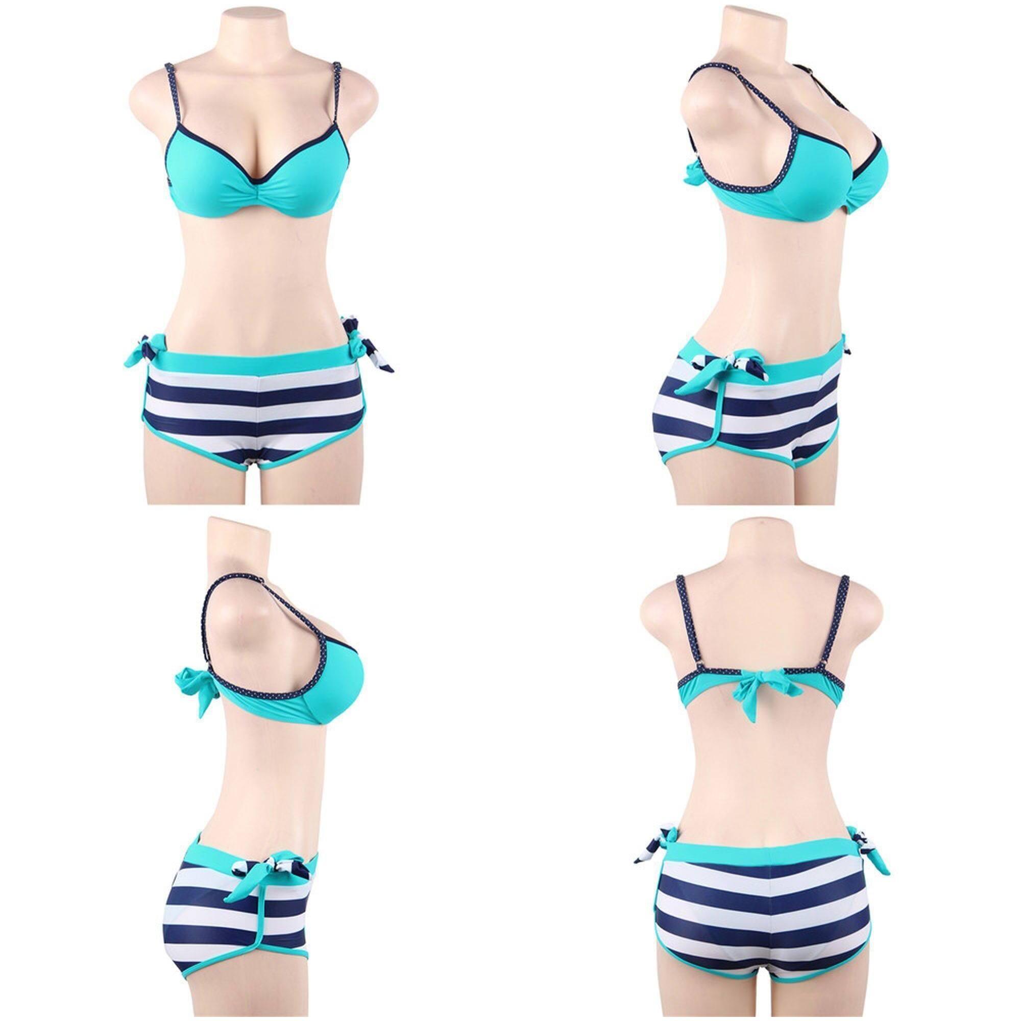 Conjunto de bikini 3 piezas azul a rallas con anillo de acero