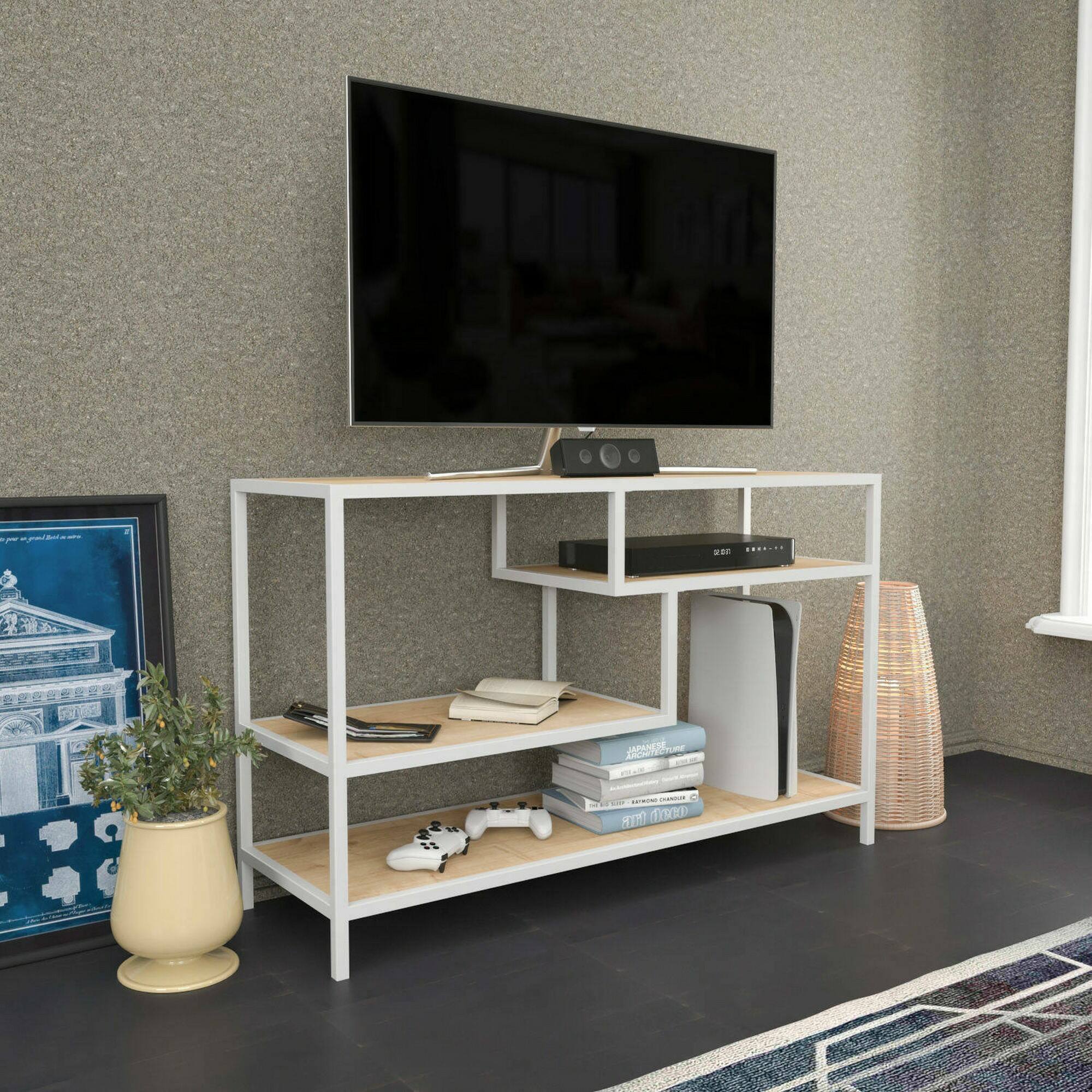 Mobile porta TV Dplizzar, Credenza da soggiorno, Armadio basso per TV, Base parete attrezzata, 120x39h75 cm, Bianco e Rovere