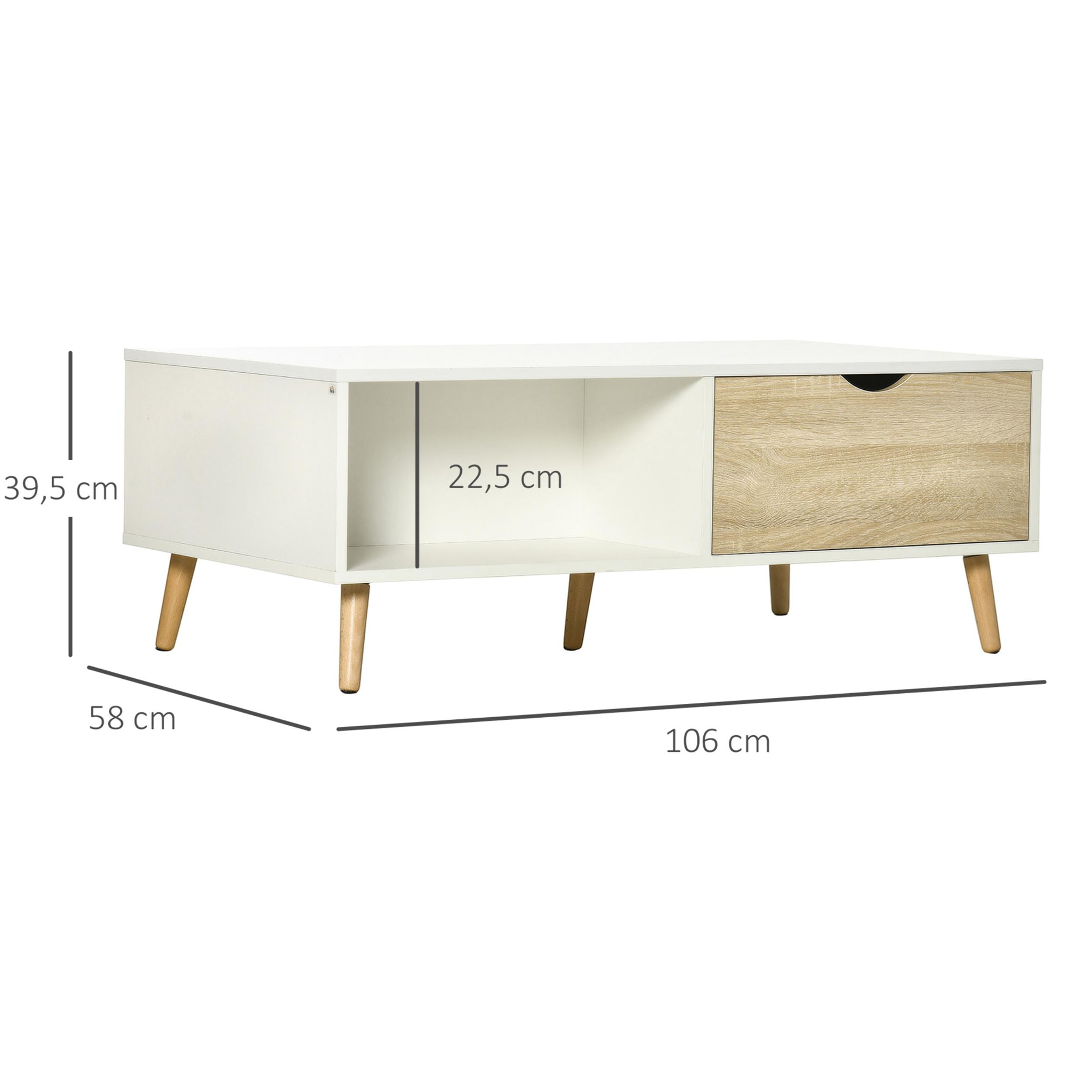 HOMCOM Mesa de Centro Mesa de Salón Moderna con 2 Cajones y Compartimientos Abiertos para Oficina Dormitorio Estudio 106x58x39,5 cm Blanco