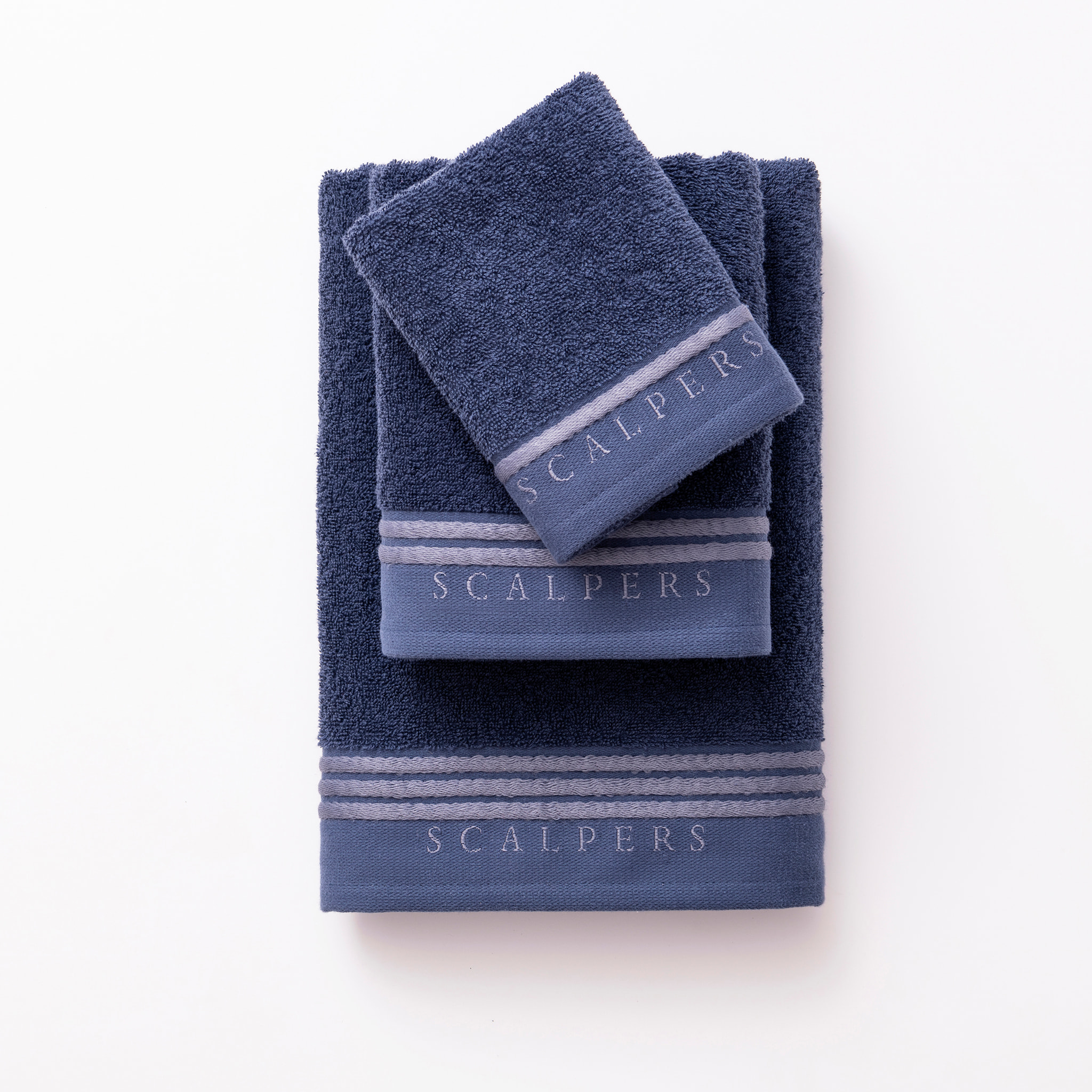 Set toallas baño (tocador 30x50cm + manos 50x90cm + baño 70x140cm) 450gsm en algodón azul con gris scalpers home