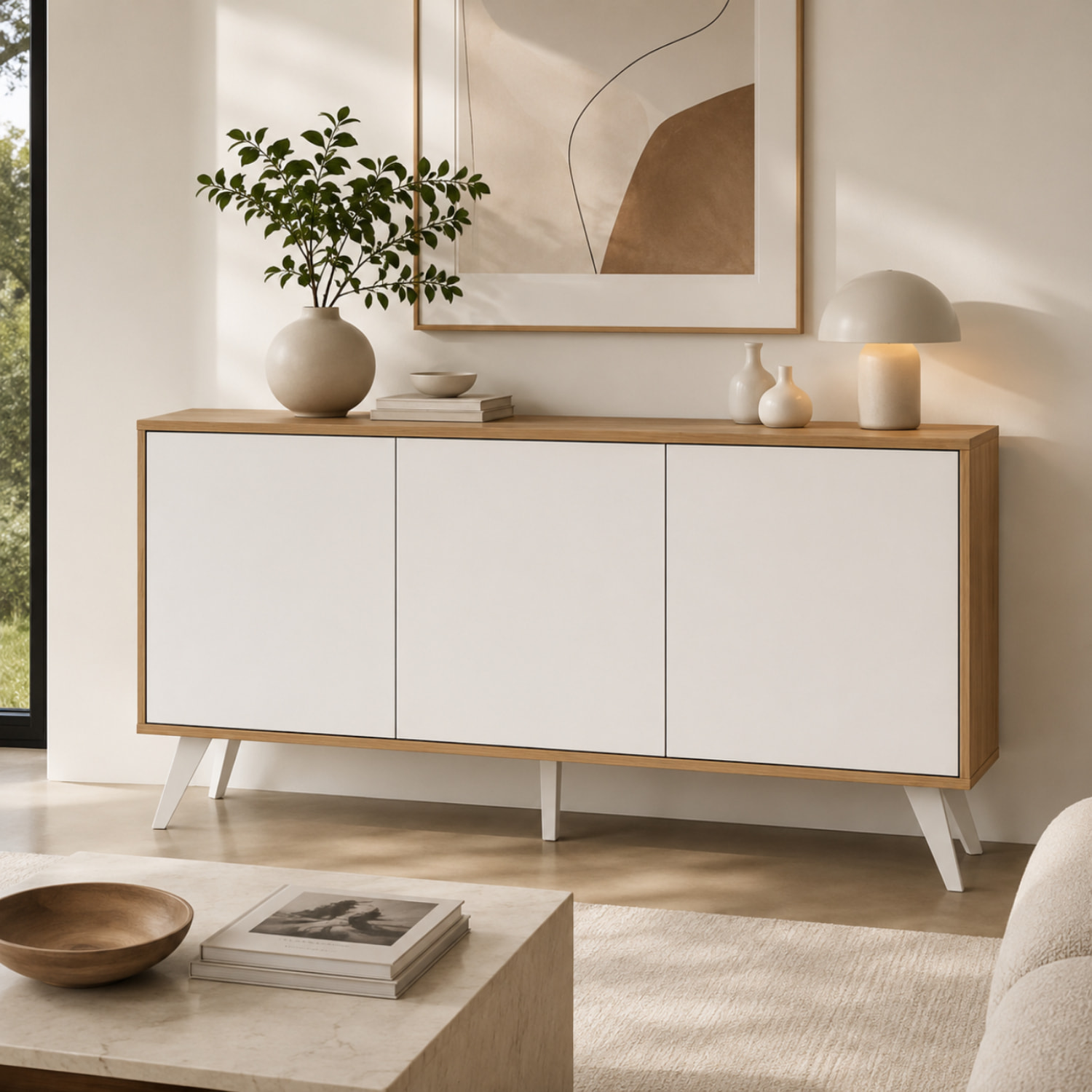 Credenza Moderna Madia 3 Ante Senza Maniglie Design Minimal Con Piedini RialzatiPer Soggiorno Ingresso Corridoio 154 x 72 x 40 Cm Bianco e Rovere
