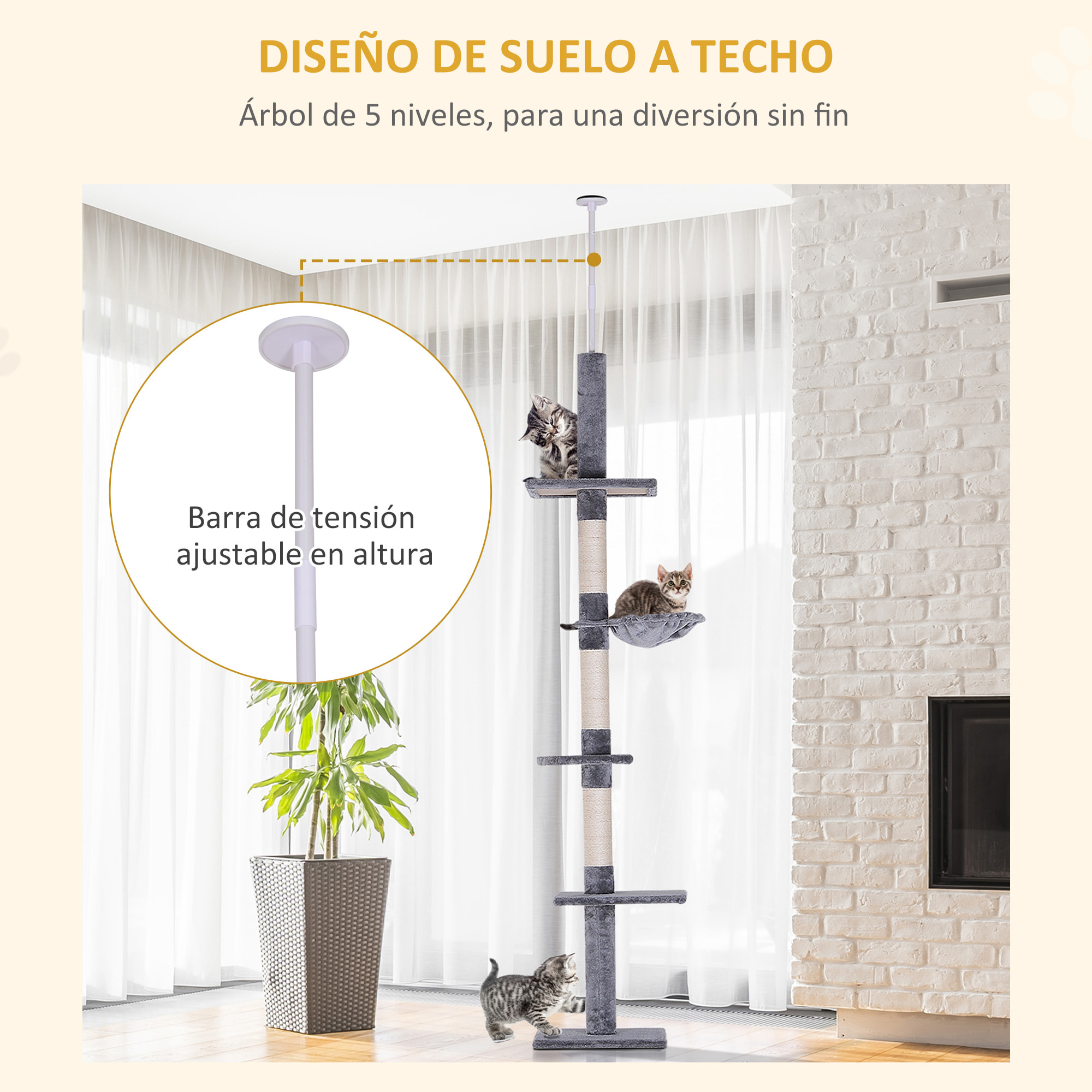 árbol para Gatos de Felpa y Sisal 40x34x230-260cm Gris