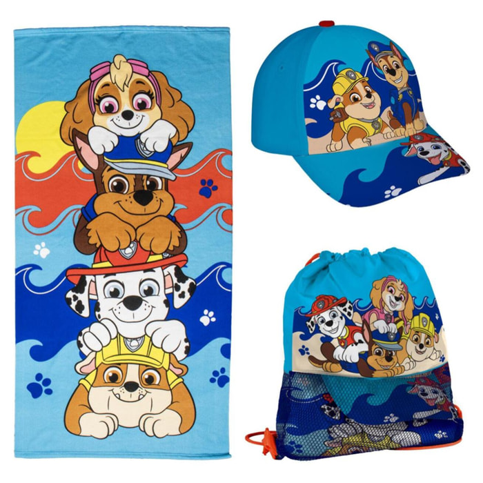 Juego de Toallas de"Paw Patrol" con Gorra, Toalla de baño y Bolsa de Almacenamiento - 27x33x7- Multicolor